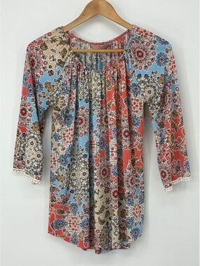 sjs Women's Bohemian Floral Pattern 3/4 Long Sleeve Blouse Top Size Large